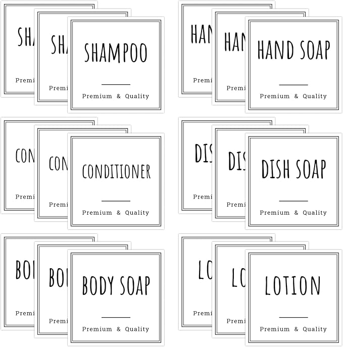 Segbeauty Bathroom Labels for Soap Dispenser, 18pcs 2.5in White Waterproof Removable Self-Adhesive Stickers, Reusable Shampoo Conditioner Hand Soap Lotion Shower Dispenser Bottles Label Stickers