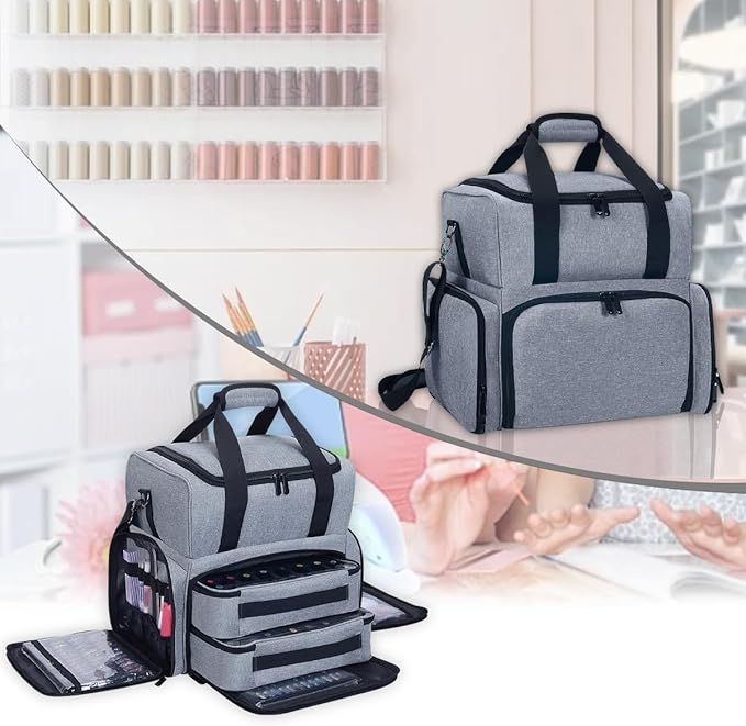 Nail Polish Organizer Case 80 Bottles Portable Travel Storage Case with 2 Detachable Bags, Designed for Women's Nail Tools, Essential Oils and Cosmetics Sets Grey
