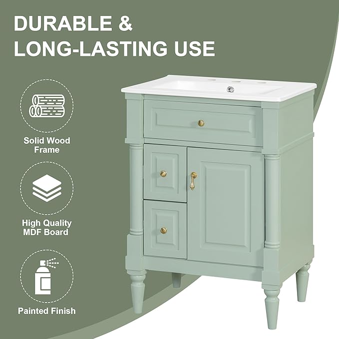 Harper & Bright Designs 24" Bathroom Vanity with Sink, Free Standing Bathroom Vanity Set with Flip Drawer, 2 Drawers, and Adjustable Shelf, Wood Storage Cabinet with Ceramic Basin for Bathroom, Green