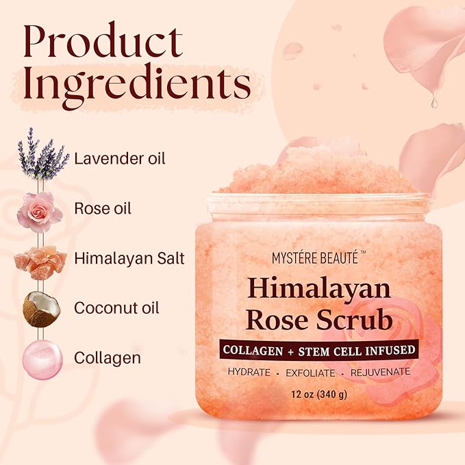 Himalayan Salt Body Scrub with Collagen & Rose Oil (12 oz) - Exfoliating Scrub for Cellulite, Acne, Scars & Stretch Marks - Deep Cleansing & Moisturizing - Natural Skin Care Gift