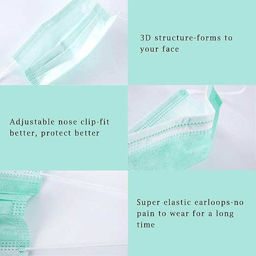 Borje Green Disposable Face Mask 100 Pcs Green Face Masks 3 Ply Protection Masks