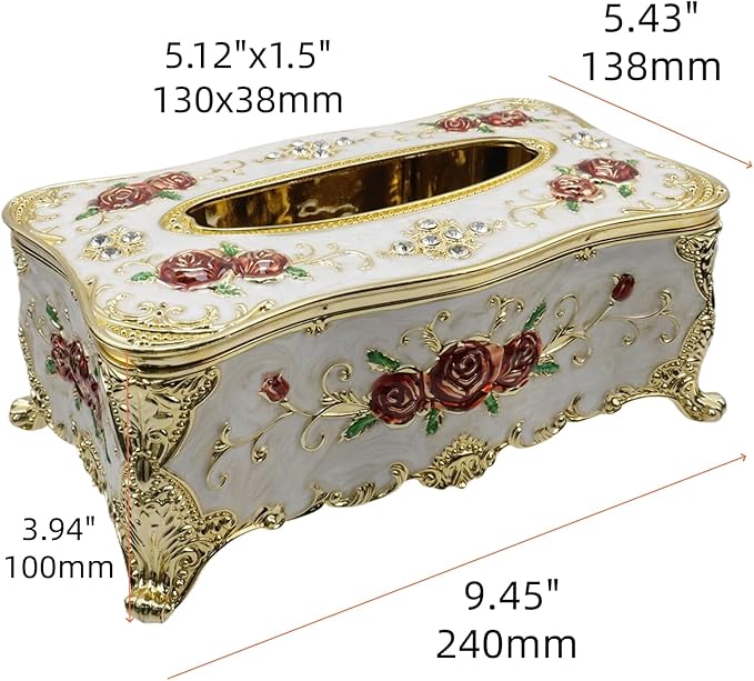 9.45"x5.43"x3.94" Luxurious Rose Tissue Box with Imitation Diamonds, Embossed Flowers, Elegant Tissue Paper Holders for Home Toilet Bath Hotel,Gold-White-red