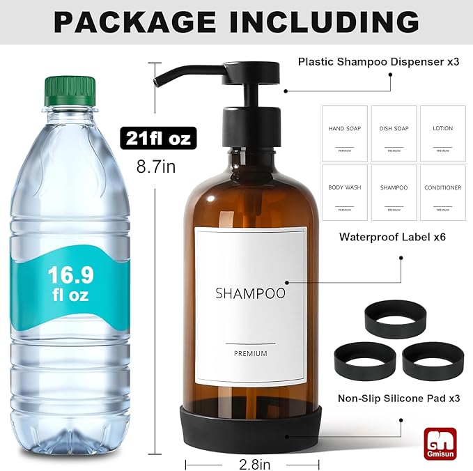 GMISUN Plastic Shampoo and Conditioner Dispenser with Silicone Sleeves, 21 oz Amber Shower Soap Dispenser Bottles with Labels, Refillable Shampoo Conditioner Body Wash Dispensers Set of 3