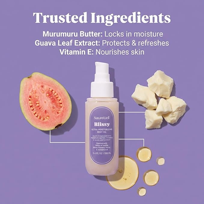 NATURE WELL Illuminating Shimmer Body Oil, Lightweight, Fast-Absorbing Formula, Designed Deeply Hydrate & Condition the Skin, Scented with Vanilla, White Flowers, Violet, & Sandalwood, 3.4 Oz