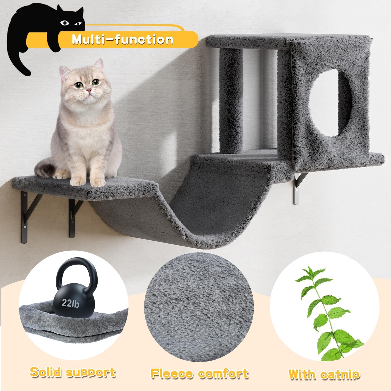 NUNU LAB Wall Mounted Cat Climber Set, 6 Pcs Cat Furniture Set with House, Bridge, Steps, Scratcher Board and Hammock, Shelves for Indoor, Luxury Walls Furniture(Dark Grey)