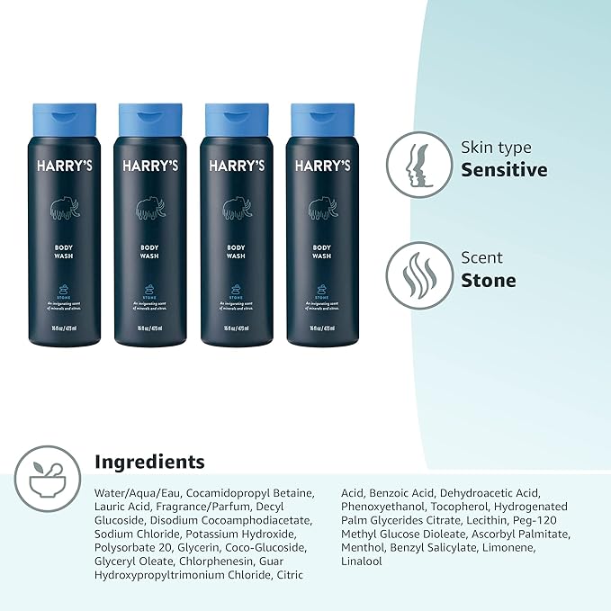 Harry's Men's Body Wash Shower Gel - Stone, 16 Fl Oz (Pack of 4) - Packaging May Vary