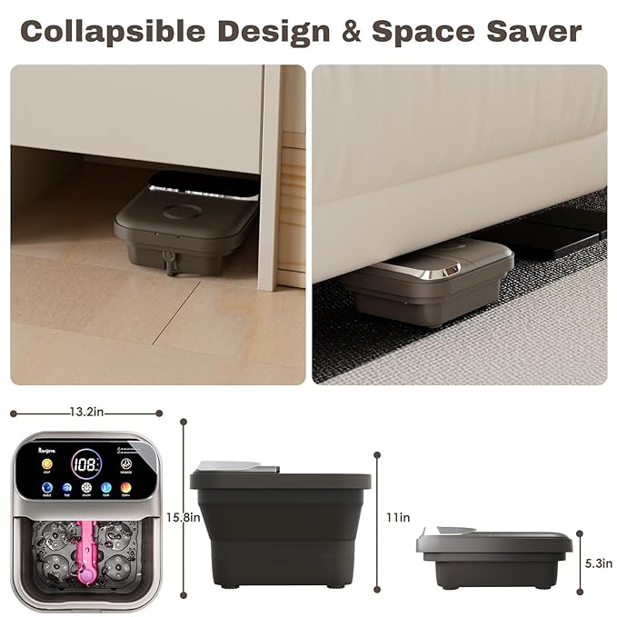 Foot Spa Electric Rotary Massage, with Touchscreen Pro Color Display, Collapsible Foot Bath with Heat, Bubble,Remote Control, Temp Control, and 24 Motorized Shiatsu Massage Balls (Dark Grey)
