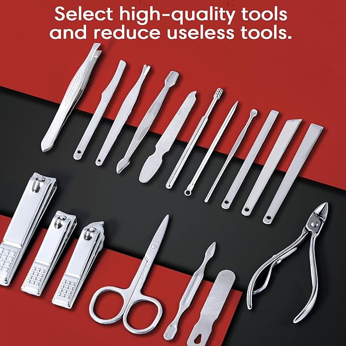 Nail Clippers Set Fingernail and Toenail Clipper Cutters for Men and Women, Professional Manicure Pedicure Grooming Kit, 18 Pieces Stainless Steel Nail Care Tools with PU Leather Travel Case