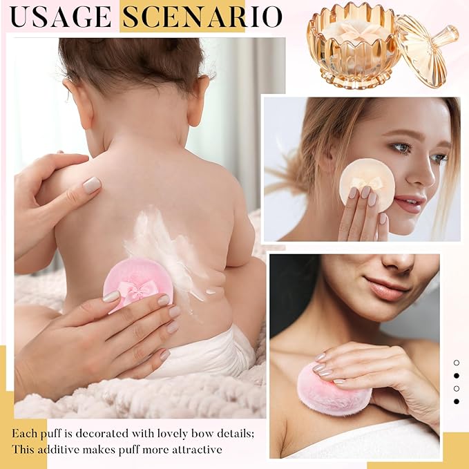 Tioncy 3 Pcs Large Body Powder Puff and Container Valentine's Day gift Powder Container with Puff Crystal Case Soft Washable Reusable Velour Face Body Glitter Wet Dry Makeup(Scalloped,Amber)