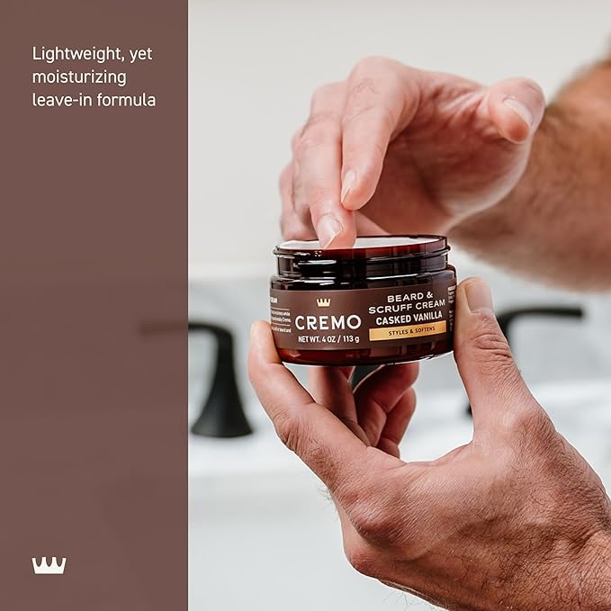 Cremo Beard & Scruff Cream, Casked Vanilla, 4 oz - Soothe Beard Itch, Condition and Offer Light-Hold Styling for Stubble and Scruff