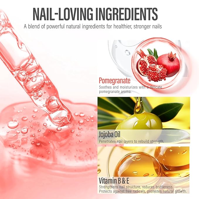 CHUCHU Nail Growth and Strengthener Oil for Cuticle - Pomegranate Scent Cuticle Oil Repair Moisturizing Treatment - Natural Jojoba Vitamin B & E Nail Oil for Dry Cracked Nails