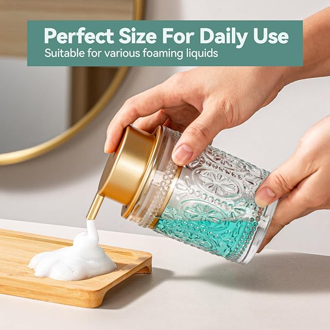 Glass Foaming Soap Dispenser - 8 Oz Foam Hand Soap Dispenser for Bathroom, Face Wash Dispenser Bottle with Golden Foam Pump, Refillable Lotion Dish Dispenser for Kitchen