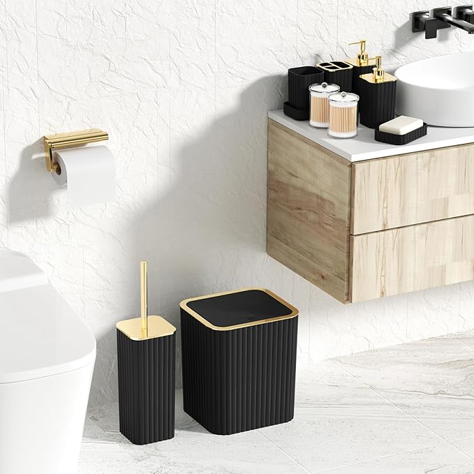 Bathroom Accessories Set - Gorgeous Black Bathroom Set, 10PC Bathroom Accessory Set, Toilet Brush, Trash Can, Qtip Holder & Soap Dispenser