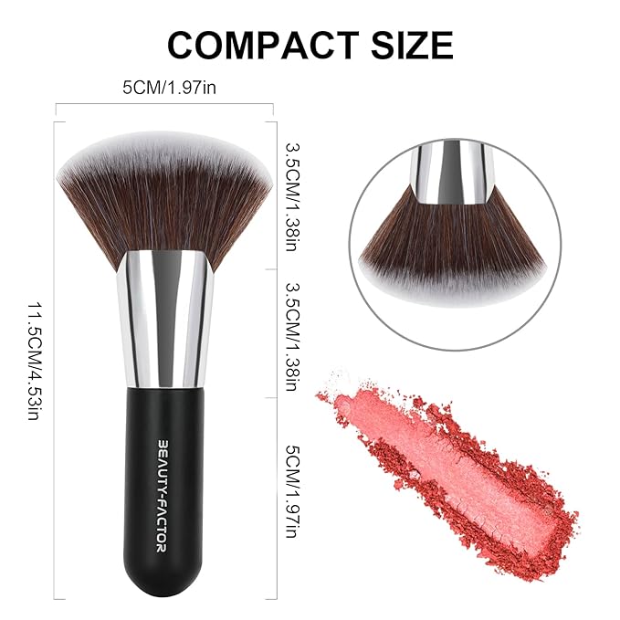 Bronzer Brush for Face - 12CM Fan-shaped Powder Blending Coutour Brush for Loose & Pressed with Fluffy & Soft and Dense Bristles Kabuki Makeup Brushes for Setting Powder, Foundation, Contour, Buffing
