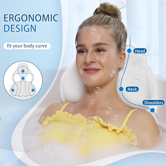 Bath Pillow for Tub, Luxury Bath Pillow Soft 4d Mesh, Bathtub Pillow for Soaking tub with 6 suctions Cups, Bath Tub Pillows for Head and Neck Support, for Relaxing Spa