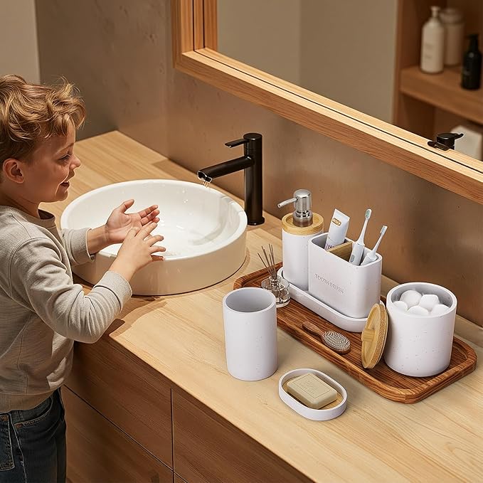 Bathroom Accessories Set, 6Pcs Bathroom Accessory Set, Large-Sized Toothbrush Holders Set, Soap Dispenser, Vanity Tray, Bathroom Tumbler, Apothecary Jars and a soap Dish (Marble White)