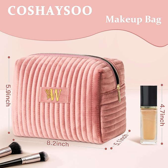 COSHAYSOO Travel Makeup Bag Quilted Make Up Pouch Initial Velvet Cosmetic Case with Butterfly Decorations for Women Cosmetics Complexion Skincare Products Tools Accessories Organizer Pink Letter W