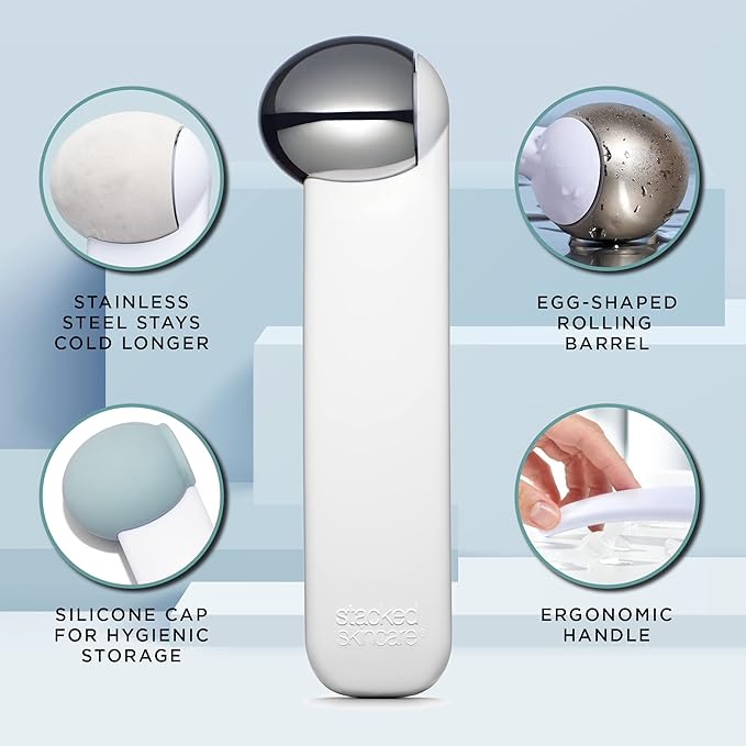 StackedSkincare Cryo Sculpting Ice Roller for Face & Eyes Stainless Steel Facial Ice Roller for Puffiness, Redness & Cooling Facial Massage Designed by an Aesthetician