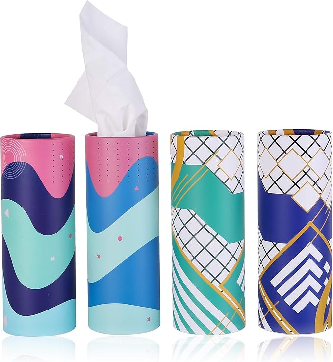 Car Tissue Holder with Facial Tissue Bulk, Car Tissues Box Round Container - Tissue Tubes for Car, Travel Tissues Perfect for Car Cup Holder - 4PK (blue)