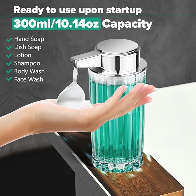 Automatic Soap Dispenser Foam for Kitchen: 11 OZ Glass Touchless Clear Auto Foaming Soap Dispenser for Bathroom - Hand Dish Lotion Home Countertop Kids - Family Couple