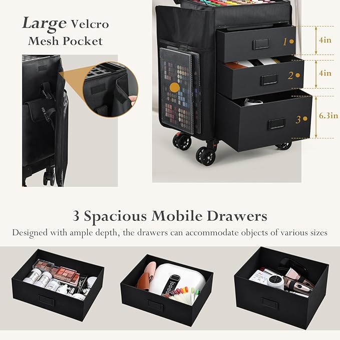 Stagiant Rolling Makeup Case 4 in 1 Soft Sided Professional Cosmetology Case on Wheels Freelance Makeup Artist Nylon Cosmetic Organize Storage Nail Technician Hair Stylist 3 Drawers Black