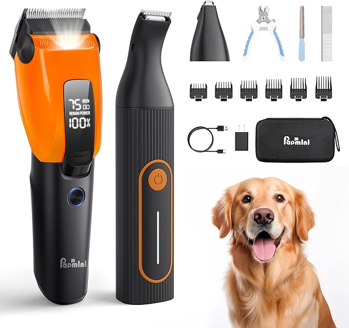 Dog & Cat Grooming Kit for Thick Coats, Heavy Duty Rechargeable Trimmer with LED Display & Storage Bag (Orange, 2 in 1)