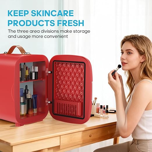 DUMOS Mini Fridge for Bedroom, 4L Compact Personal Fridge Cooler For Skincare, Drinks, And Snacks, Fits 6 Cans, Mini Refrigerator with 110V Ac/12V Dc, Ideal For Car, Dorm, Red