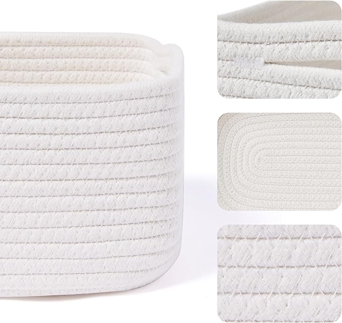 Small Storage Baskets for Organizing | Closet Organizer Bins | Shelf Toy Basket | Woven Rope Baskets | Cube Decorative Box | Shallow Basket | 13x8.5x5.1” | 3 Packs Off White