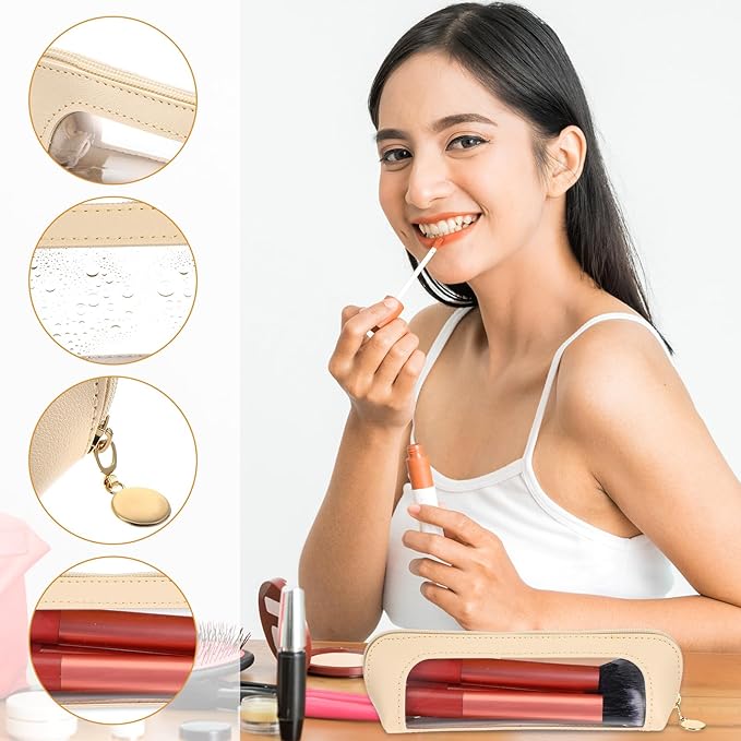 2Pcs Clear Makeup Brush Bag, Leather Slim Makeup Case, Portable Transparent Waterproof Cosmetic Pouch with Zipper, Double Sided Clear Bag for Women Travel Storage (White, Pink)