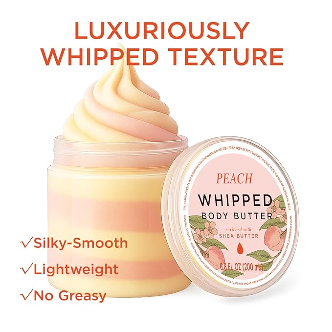 Princess Belle Peach Whipped Shea Body Butter, Body Moisturizer for Dry Skin, Smell Goods for Women, Leaves Skin Feeling Moisturized and Soft-200ml(6.8 floz)