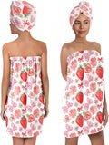 Women’s Strawberry & Bow Bath Wrap Set with Quick-Dry Bath Skirt and Hair Towel, Soft Absorbent Microfiber Spa Shower Body Wrap with Elastic Closure, As for Home Beauty, Gym, Dorm (Strawberry 4)