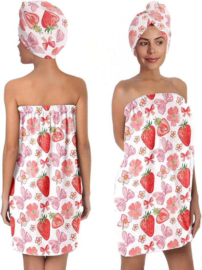 Women’s Strawberry & Bow Bath Wrap Set with Quick-Dry Bath Skirt and Hair Towel, Soft Absorbent Microfiber Spa Shower Body Wrap with Elastic Closure, As for Home Beauty, Gym, Dorm (Strawberry 4)