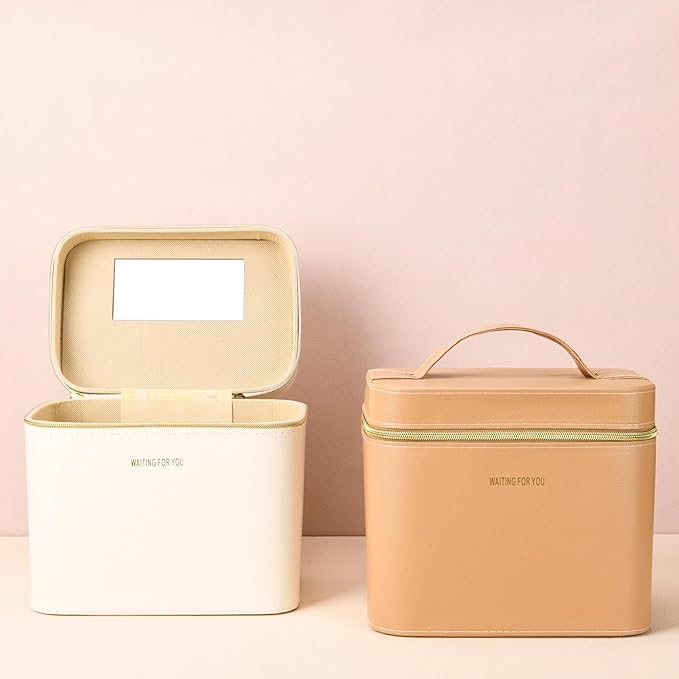 Fashion makeup box, Portable leather hard cosmetic case with mirror, Professional train case make up box for women adults. (Monolayer - Yellow)