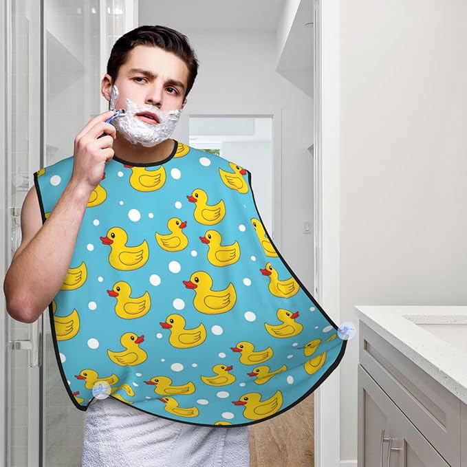 Beard Hair Catcher for Men, Waterproof Shaving Bib Apron Non-Stick, Trimming Tool for Dad Husband, Yellow Rubber Duck Print Shave Bib