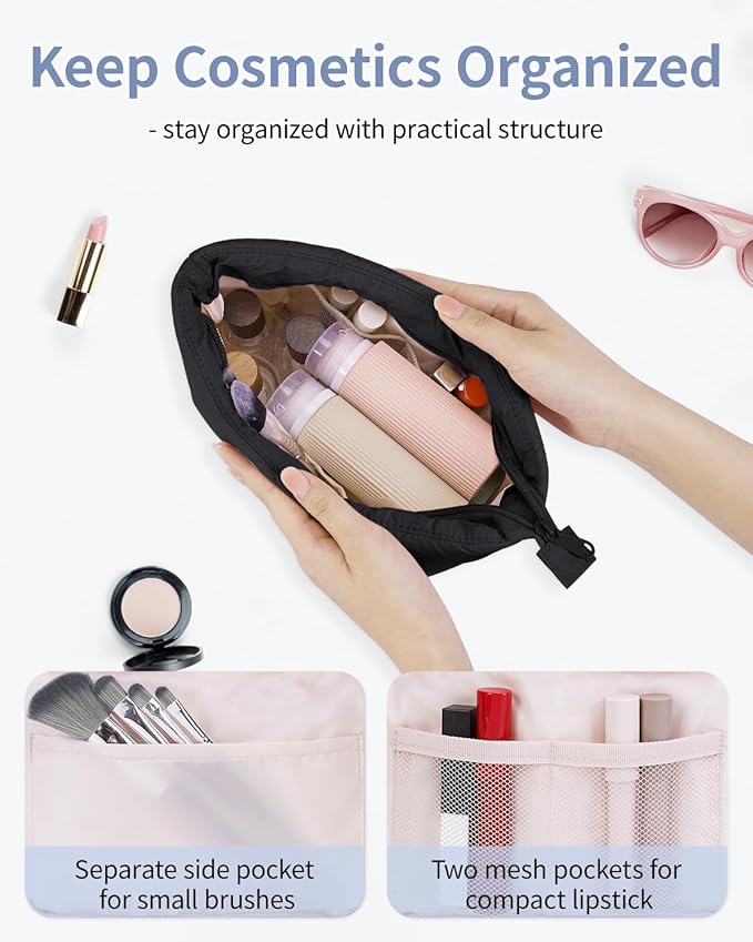 Narwey Puffy Black Makeup Bag Travel Women Girl, Puffer Cosmetic Makeup up Organizer Bag, Cute Makeup Pouch Travel Toiletry Bag (Black)