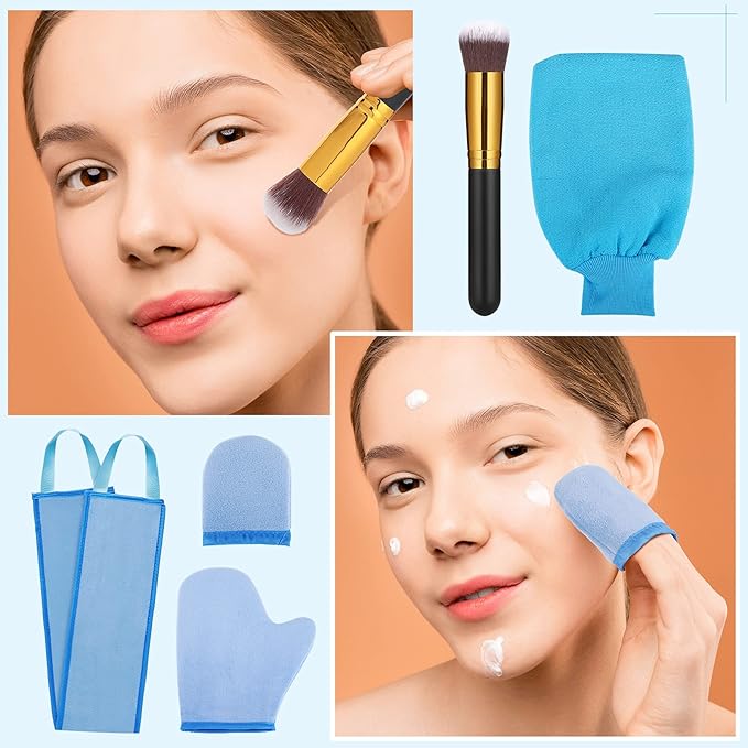 Boao 5 Pieces Self Tanning Mitt Applicator Kit, Includes Tanning Mitt, Exfoliating Glove, Mini Face Glove, Back Lotion Applicator, and Large Brush Makeup(Blue)