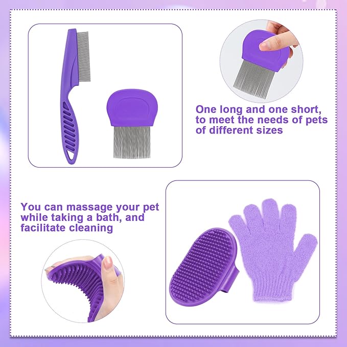 VCZONE 8 Pcs Small Animal Grooming Kit, Rabbit Grooming Kit with Pet Nail Clipper and File, Flea Comb, Pet Shampoo Bath Brush, Pet Shedding Slicker Brush, Bath Massage Glove, Cleaning Comb (Purple)