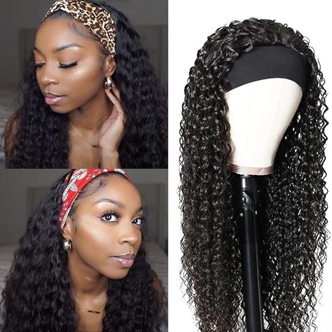 XSY Headband Wig Human Hair Deep Wave Human Hair Wigs 24 Inch Virgin Brazilian None Lace Front Wig Glueless Machine Made Wigs for Black Women Natural Colour