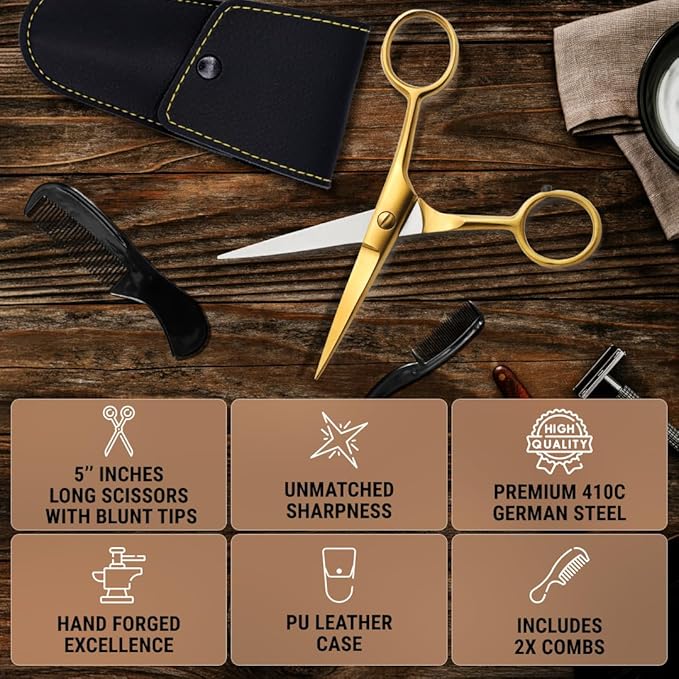 Ontaki Beard & Mustache Scissors for Men - 5inch, Gold Brass - 410C German Steel Durable, Ergonomic Design Travel Friendly Facial Hair Scissors - Beard Kit 2 Combs & Case Perfect for Styling