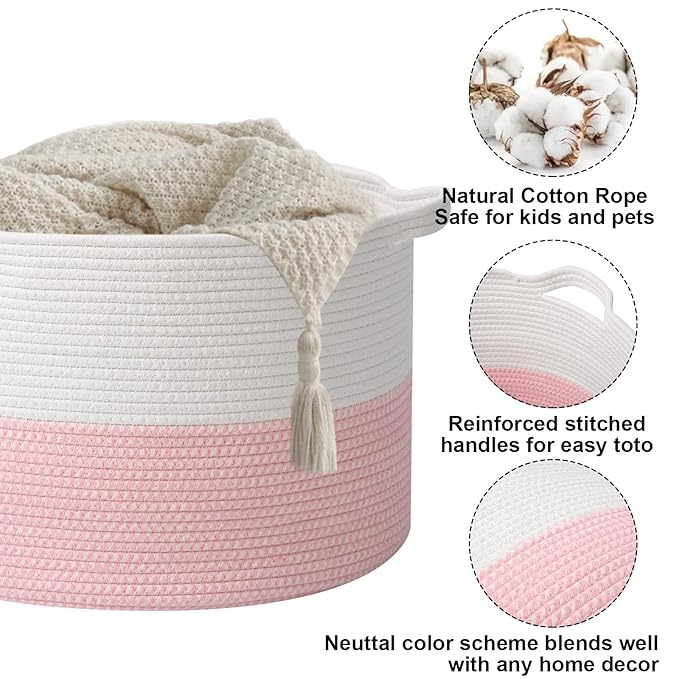 65L Large Blanket Basket,19.7" L x 19.7" W x 13" H Rope Woven Baskets with Handles, Toys Storage Bins,Laundry Basket Perfect for Living Room, Nursery,Bedroom,Home Organization,White&Pink