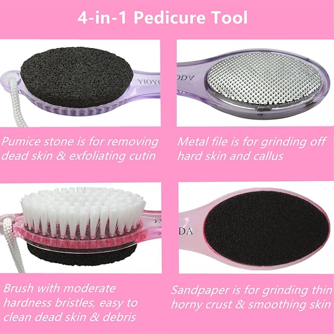 Foot File Callus Remover 4-in-1, Feet Scraper Pedicure Tools with Pumice Stone, Scrubber Brush, Foot Rasp and Sand Paper, Double Sided Multi Purpose, Clear Pink and Purple