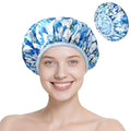 Upgraded Waterproof Terry Shower Caps, Reusable Shower Cap for Women with Long Hair, Soft Absorbent Hair-Protecting Towel Lining Bath Cap, Large Leak-Proof Hair Cap with Fashionable Print Outer-Blue