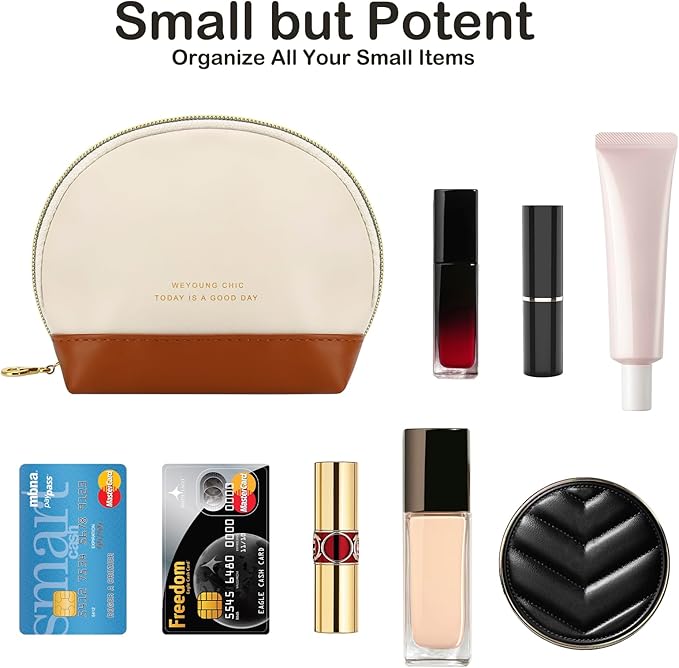 Small Makeup Bag Travel Cosmetic Bag Toiletry Zipper Pouch Make Up Organizer Bag with Handle Purse for Women Soft PU Leather Skincare Case (S01-Beige)