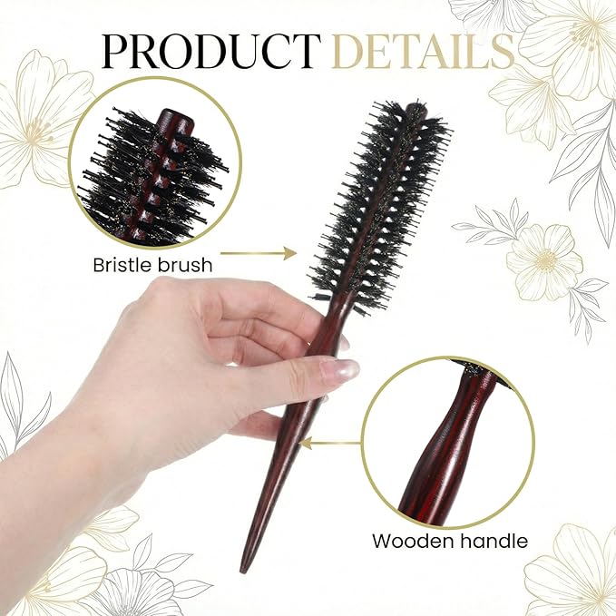 Roller Brush for Blow Drying, Natural Boar Bristle Round Brush Portable Mini Roller Hairbrush with Wooden Handle for Women Men's Beard Fine Thin Hair Straightening Curling Volumizing Detangling