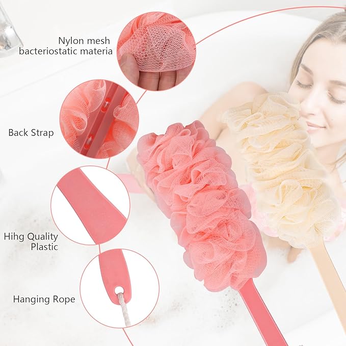 2Pack Back Scrubber for Shower Loofah with Long Handle, Shower Brush for Body, 17″ Loofah on a Stick for Men Women Bathing Accessories, Scrubber Sponge for Exfoliating Bath Brushes (Beige & Pink)