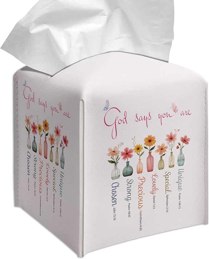 Grace Yonks Cute Tissue Box Cover Square - “God Says You are” Bible-Inspired Floral Design 5.2" PU Leather Holder for Vanity, Desk, or Bathroom Counter - Cube Case for Facial Tissues(020)