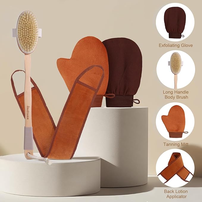 4-in-1 Self Tanner Applicator Kit - Self Tanning Mitt with Long Handle Body Brush for Back Exfoliating and Streak-free Self Tan