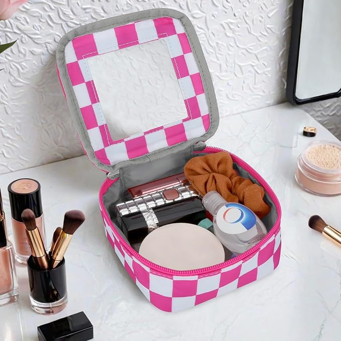 DOB SECHS Mini Checkered Bag for Purse 5.1'' x 5.1'' Small Makeup Bag for Car Cute Clear Cosmetic Bags with Zipper, Tiny Toiletry Bag Lipstick Organizer Pouch Travel Essentials Storage Pouch, Hot Pink