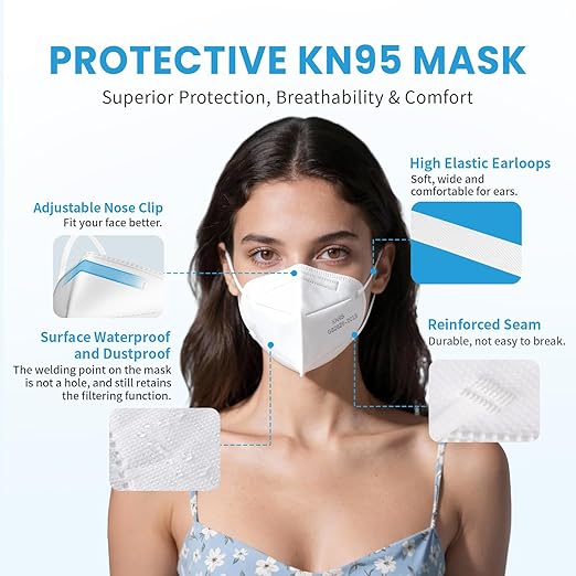 Akgk KN95 Face Mask 50 PCS, Breathable Protection 5-Ply White Masks, Cup Dust Safety