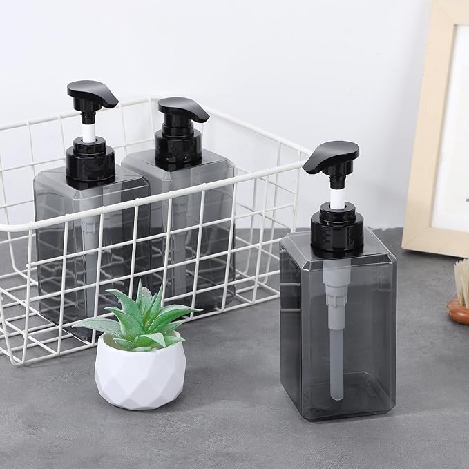 Suream Plastic Soap Dispenser 15oz/450ml, 3 Packs Shampoo Bottles Refillable with Pump and Labels, Body Wash Dispenser for Shower, Shampoo Container for Soap Cream Lotion Gel(Grey)
